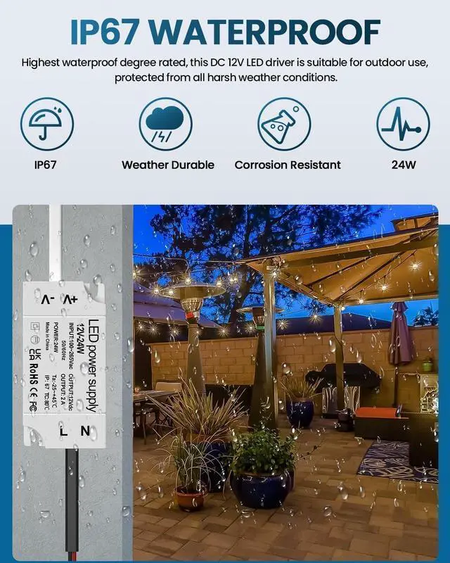 Alt view image 9 of 14 - 24W LED 12V Power Supply, IP67 Waterproof12 Volt LED Driver 110V AC to 12V DC Constant Voltage Converter 1.5A Transformer Adapter for LED Strip Light Indoor & Outdoor Use (2-Pack)