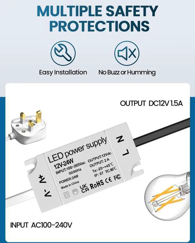 Alt view image 14 of 14 - 24W LED 12V Power Supply, IP67 Waterproof12 Volt LED Driver 110V AC to 12V DC Constant Voltage Converter 1.5A Transformer Adapter for LED Strip Light Indoor & Outdoor Use (2-Pack)