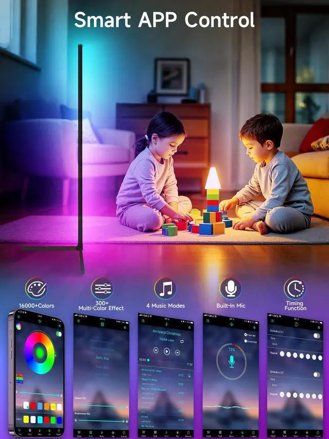 Alt view image 10 of 14 - Corner Floor Lamp, RGB LED Corner Lamp with Music Sync, Smart App and Remote Control Color Changing Ambience Light, LED Lamp with 16 Million Colors for Bedroom, Living Room Gaming Room