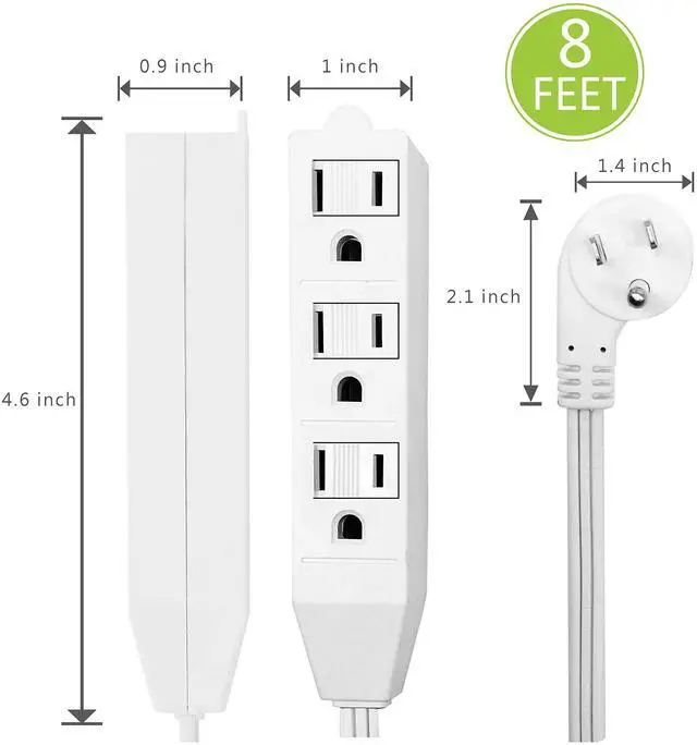 Alt view image 7 of 10 - White Flat Plug Extension Cord, Short Power Cord with 3 Prong Standard Ground sockets, Basic Indoor 3-pin Ground Cable, UL Listed 8FT, 2PK