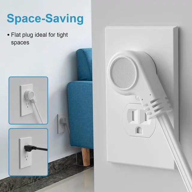 Alt view image 8 of 10 - White Flat Plug Extension Cord, Short Power Cord with 3 Prong Standard Ground sockets, Basic Indoor 3-pin Ground Cable, UL Listed 8FT, 2PK