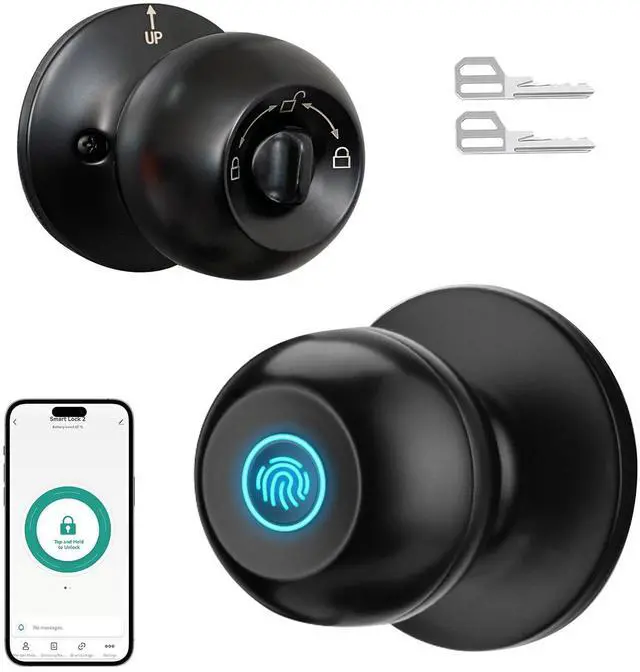 Alt view image 8 of 14 - Fingerprint Door Lock, Smart Door Knob with Lock, Biometric Door Lock with App Control & Key, Keyless Door Locks for Bedrooms, Front Door, Home, Finger Print Door Knobs Black, 1 Pack