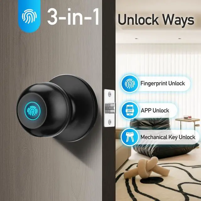 Alt view image 10 of 14 - Fingerprint Door Lock, Smart Door Knob with Lock, Biometric Door Lock with App Control & Key, Keyless Door Locks for Bedrooms, Front Door, Home, Finger Print Door Knobs Black, 1 Pack
