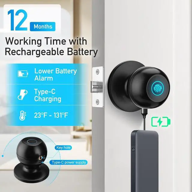 Alt view image 12 of 14 - Fingerprint Door Lock, Smart Door Knob with Lock, Biometric Door Lock with App Control & Key, Keyless Door Locks for Bedrooms, Front Door, Home, Finger Print Door Knobs Black, 1 Pack