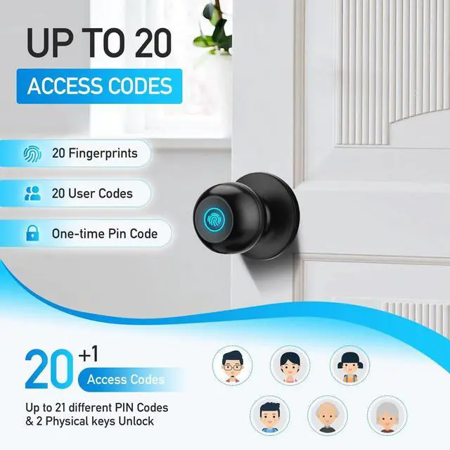Alt view image 11 of 14 - Fingerprint Door Lock, Smart Door Knob with Lock, Biometric Door Lock with App Control & Key, Keyless Door Locks for Bedrooms, Front Door, Home, Finger Print Door Knobs Black, 1 Pack
