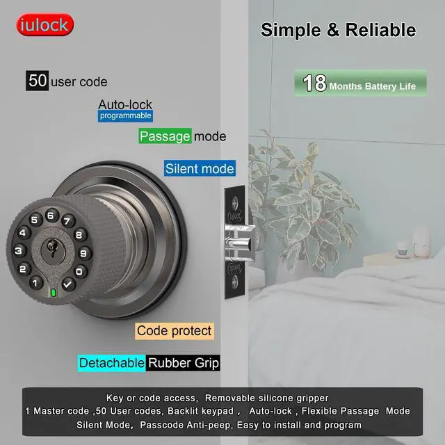 Alt view image 8 of 12 - Smart Door Knob with Keypad and Key,Keyless Entry Door Lock with Rubber Grip, Auto Lock,50 User Code,Waterproof, Easy to Install and Program for Bedroom Garage Office Gate (Satin Nickel)