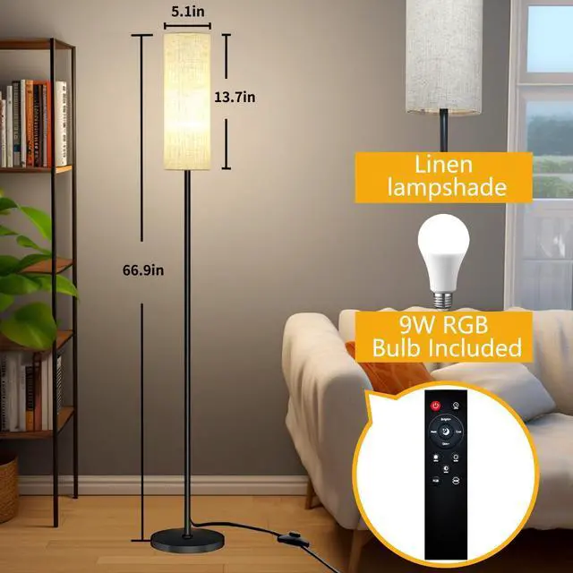 Alt view image 9 of 14 - Smart LED Floor Lamp with APP Control & RGB Colors - Dimmable Standing Lamp for Living Room, Bedroom, Gaming - Remote, Timer, 9W Bulb Included, 67" Modern Tall Lamp (C:Black Beige)