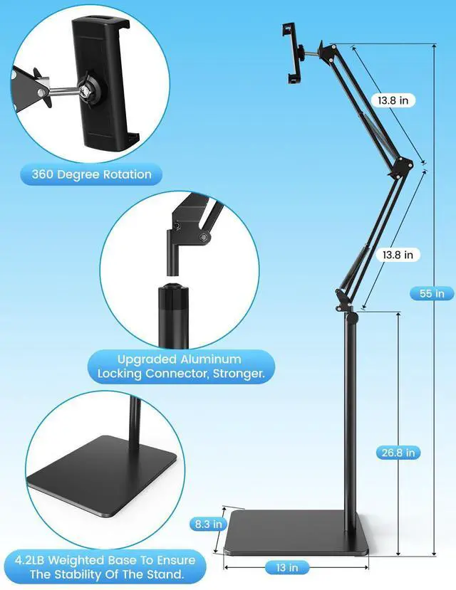 Alt view image 12 of 14 - Tablet Floor Stand with 4.2LB Base,Overhead Bed Phone Stand Angle Height Adjustable Tablet Holder Bed,Phone Stand for iPad/iPhoneX/iPad Pro Air Mini, Samsung Tab,E-Readers