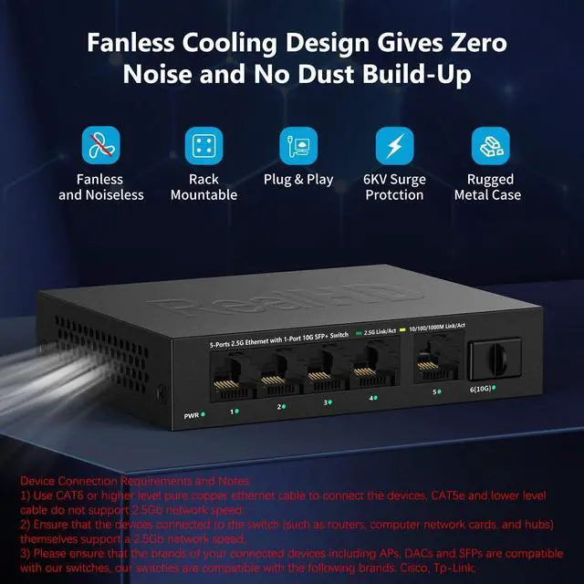 Alt view image 11 of 12 - 5 Port 2.5Gb Ethernet Switch Unmanaged Network Switch Ethernet Splitter | 5 x 2.5 Gigabit | 1 x 10G SFP+ | Multigig Switch 10-100-1000Mbps | 45G Bandwidth | Fanless Metal Internet Switch