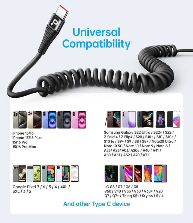 Alt view image 14 of 14 - USB C Cable Fast Charging, 2Pack 3ft Coiled USB A to USB C Charge Cable for Car, USB-C Charging Cord Compatible with iPhone 17/16/15/Pro Max/Plus/Samsung Galaxy S20 S10 and More Type C Devices-Black