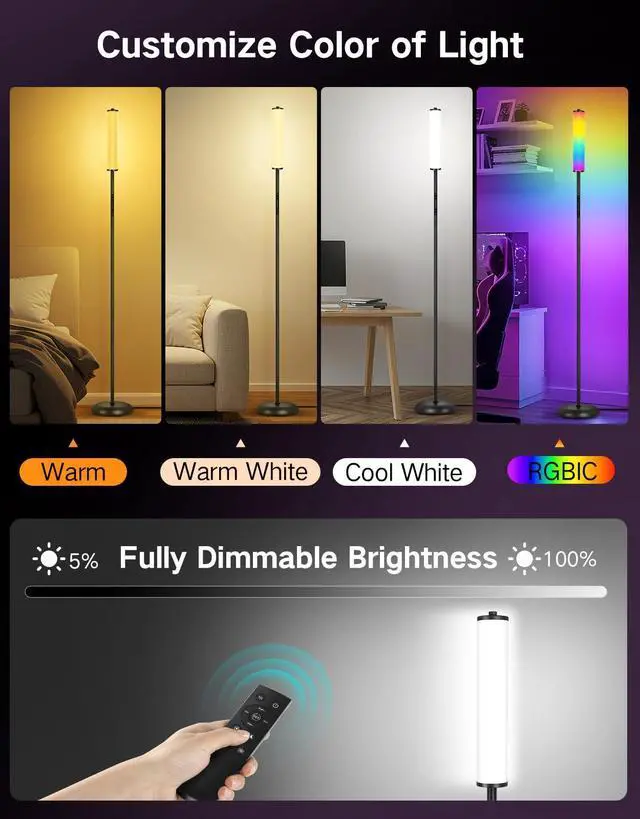 Alt view image 9 of 14 - Corner Floor Lamp with Remote, Touch & App Control, RGB Color Changing Standing Lamp with 32 Modes, 360 Lighting, 3 Color Temperatures, Dimmable 66 in Tall Lamp for Living Room Bedroom,Black