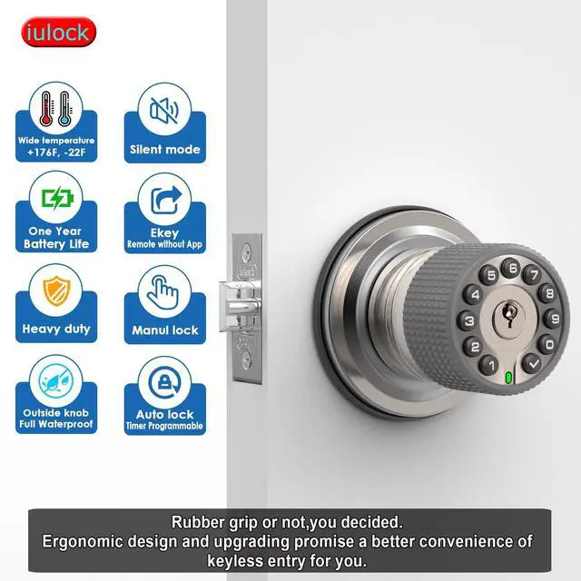 Alt view image 9 of 12 - Smart Door Knob with Keypad and Key,Keyless Entry Door Lock with Rubber Grip, Auto Lock,50 User Code,Waterproof, Easy to Install and Program for Bedroom Garage Office Gate (Satin Nickel)