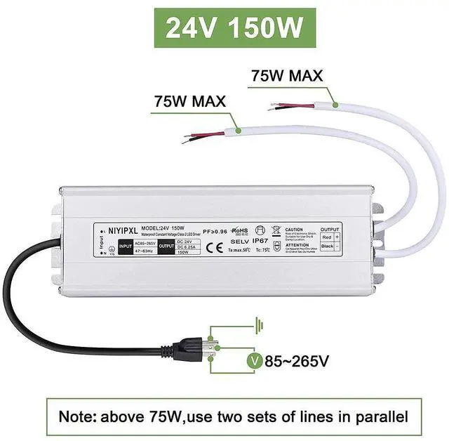 Alt view image 12 of 12 - LED Driver 150 Watts 24V DC Low Voltage Transformer Waterproof IP67 LED Power Supply, Adapter with 3-Prong Plug 3.3 Feet Cable for Any 24V DC led Lights, Computer Project, Outdoor Light