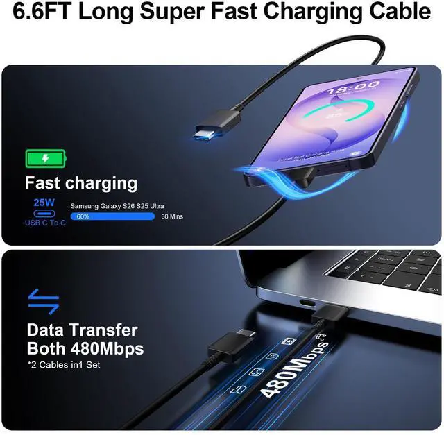 Alt view image 11 of 12 - Super Fast Charger Type C, 25W USB C Wall Charger Fast Charging for Samsung Galaxy S26 Ultra/S26/S26+/S25 Ultra/S25/24 Ultra/S24/S23 Ultra/S22 Ultra with 6.6FT Long Android Type C Charger Cable 2Pack