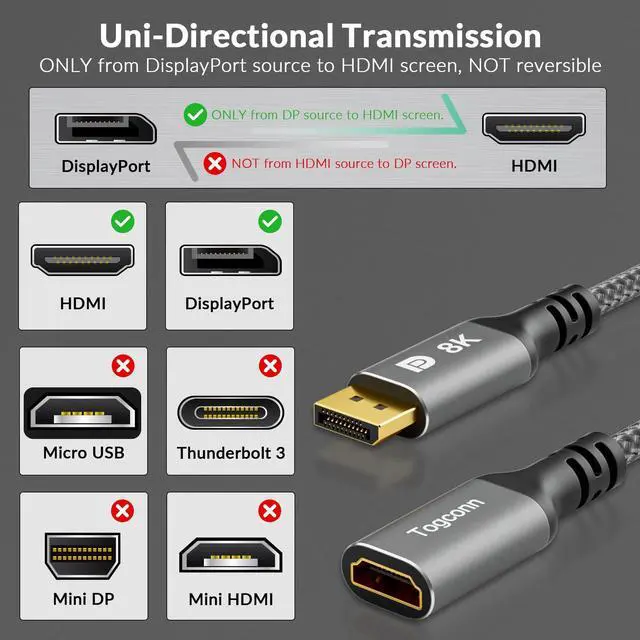 Alt view image 7 of 10 - 8K DisplayPort to HDMI Adapter, Uni-Directional DP 1.4 Male (Source) to HDMI 2.1 Female (Screen) Converter, DP Male to HDMI Connector 8K@60Hz, 4K@120Hz for PC, Dell, HP, NVIDIA, Laptop and More