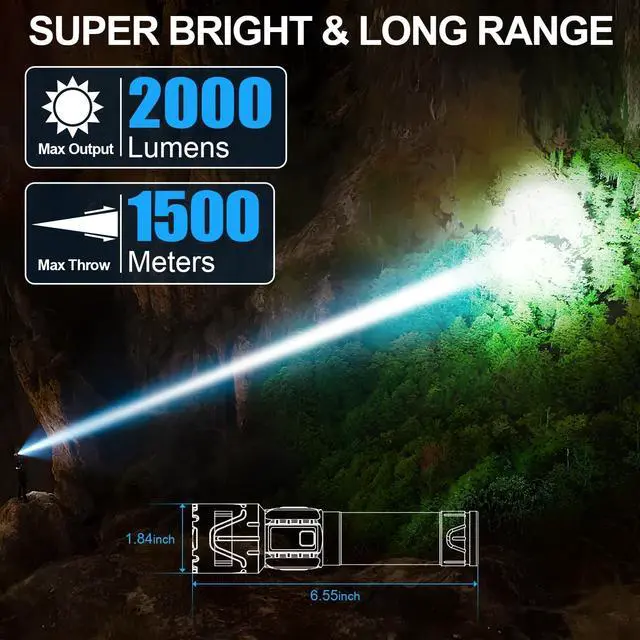 Alt view image 11 of 14 - Rechargeable Tactical Flashlights 2000 High Lumens - 5000mAh Super Bright LED Powerful Flash Light, Waterproof Handheld USB C Flashlight for Home,Car,Camping,Emergencies,5 Modes (2, Black)