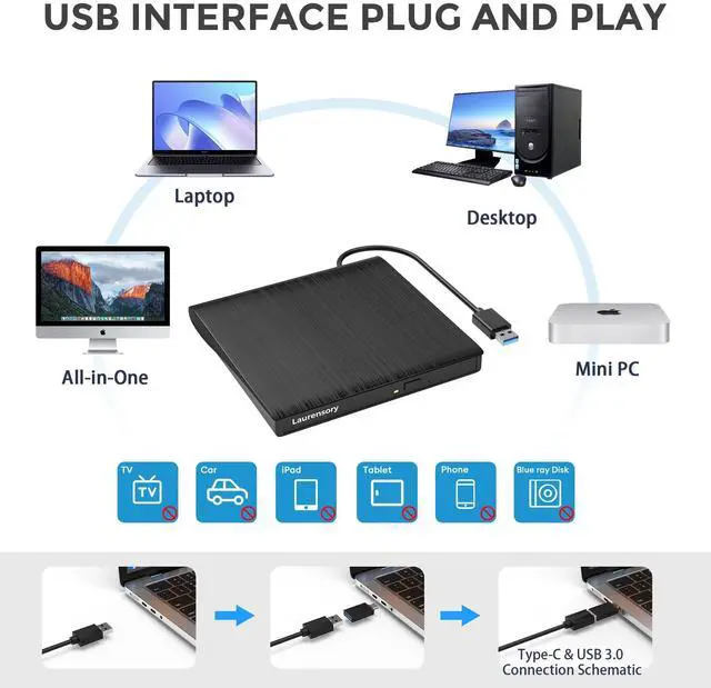 Alt view image 11 of 14 - External DVD Drive USB 3.0 Type-C Portable CD DVD Player for Laptop +/-RW Disk Drive CD ROM Burner Writer CD/DVD Burner Reader Compatible with Desktop Windows Linux OS Apple MacBook