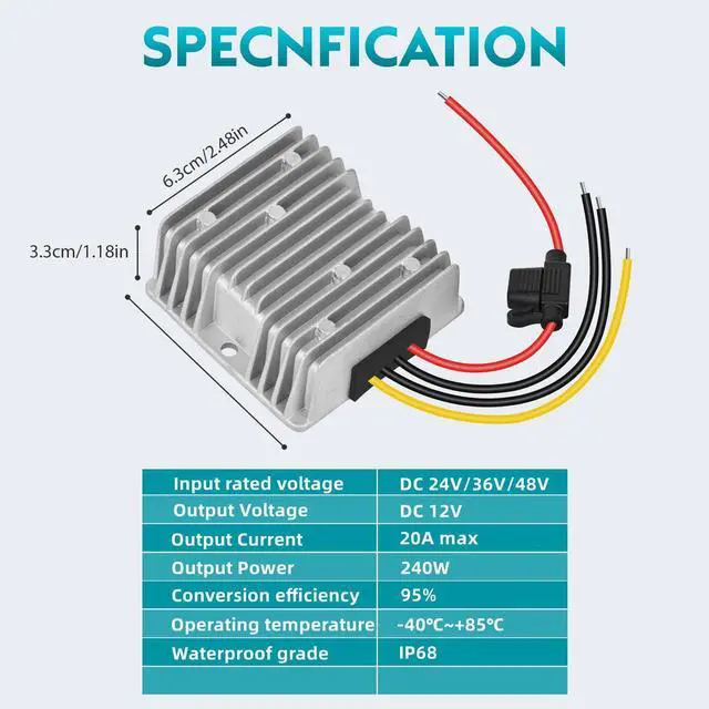 Alt view image 8 of 12 - 20A 240W DC-DC 24V 36V 48V Step Down to 12V Converter Golf Cart Voltage Reducer Regulator Waterproof Transformer with Fuse