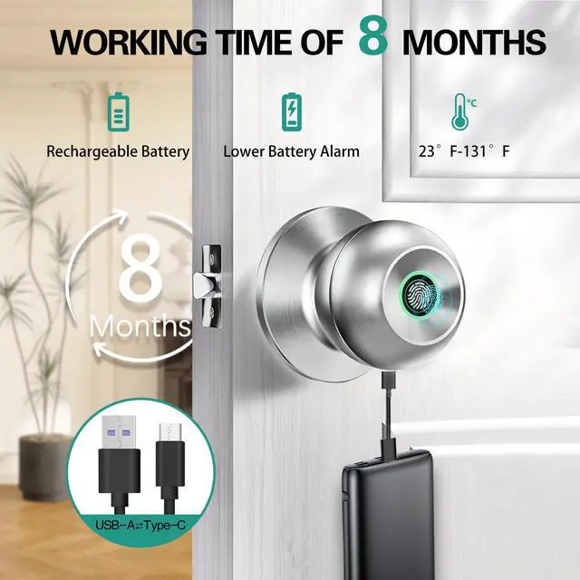Alt view image 11 of 14 - Smart Door Knob,Fingerprint Door Knob,Biometric Smart Door Lock with App Control,Metal Alloy Door Knob,Easy Installation,Great for Bedrooms,Cloakroom,Apartments Offices,Hotel(Sliver)