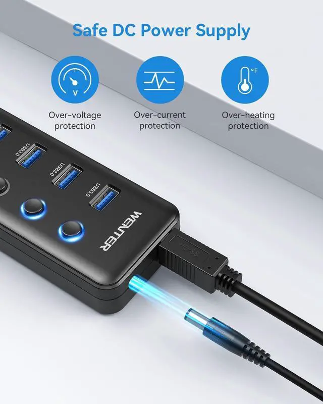 Alt view image 8 of 8 - Powered USB 3.0 Hub, 5-Port USB Hub Splitter (4 Faster Data Transfer Ports+ 1 Type-C Charging Ports) with Individual LED On/Off Switches, USB Hub 3.0 Powered with Power Adapter for Mac, PC