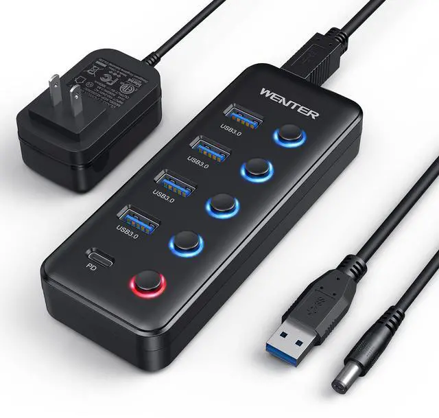 Alt view image 5 of 8 - Powered USB 3.0 Hub, 5-Port USB Hub Splitter (4 Faster Data Transfer Ports+ 1 Type-C Charging Ports) with Individual LED On/Off Switches, USB Hub 3.0 Powered with Power Adapter for Mac, PC