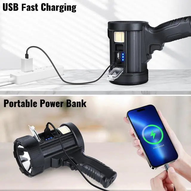 Alt view image 11 of 14 - Rechargeable Spotlight,99,000 LM Super Bright Handheld Spot Light LED Flashlight High Lumens,Powered Spotlight Large Searchlight Outdoor with Solar Panels & COB Light for Boat Camping Hunting