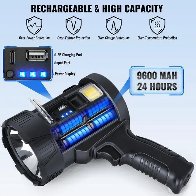 Alt view image 10 of 14 - Rechargeable Spotlight,99,000 LM Super Bright Handheld Spot Light LED Flashlight High Lumens,Powered Spotlight Large Searchlight Outdoor with Solar Panels & COB Light for Boat Camping Hunting