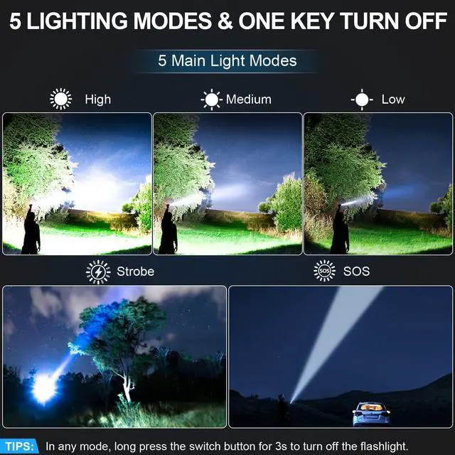 Alt view image 14 of 14 - Rechargeable Tactical Flashlights 2000 High Lumens - 5000mAh Super Bright LED Powerful Flash Light, Waterproof Handheld USB C Flashlight for Home,Car,Camping,Emergencies,5 Modes (2, Black)