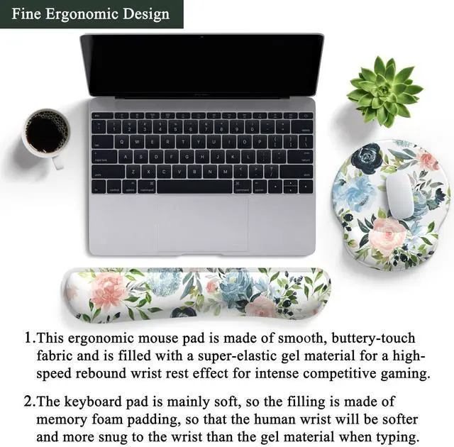 Alt view image 9 of 12 - Green Blue Pink Floral Mouse Pad Wrist Support Keyboard Wrist Rest Set, Ergonomic Mouse Pad with Non-Slip Pu Base for Computer Office Comfortable Mouse Wrist Rest Easy Typing & Pain Relief Mouse Pad.