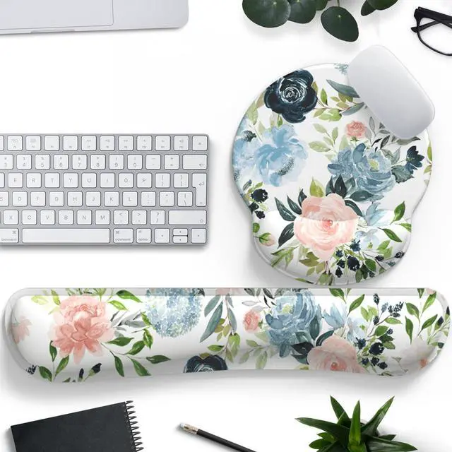 Alt view image 7 of 12 - Green Blue Pink Floral Mouse Pad Wrist Support Keyboard Wrist Rest Set, Ergonomic Mouse Pad with Non-Slip Pu Base for Computer Office Comfortable Mouse Wrist Rest Easy Typing & Pain Relief Mouse Pad.