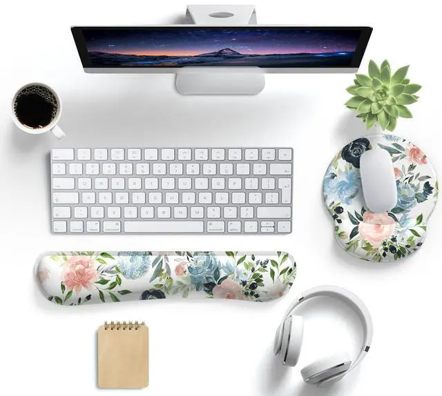 Alt view image 8 of 12 - Green Blue Pink Floral Mouse Pad Wrist Support Keyboard Wrist Rest Set, Ergonomic Mouse Pad with Non-Slip Pu Base for Computer Office Comfortable Mouse Wrist Rest Easy Typing & Pain Relief Mouse Pad.