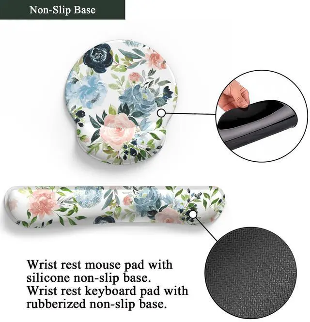 Alt view image 12 of 12 - Green Blue Pink Floral Mouse Pad Wrist Support Keyboard Wrist Rest Set, Ergonomic Mouse Pad with Non-Slip Pu Base for Computer Office Comfortable Mouse Wrist Rest Easy Typing & Pain Relief Mouse Pad.