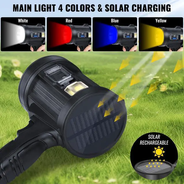 Alt view image 14 of 14 - Rechargeable Spotlight,99,000 LM Super Bright Handheld Spot Light LED Flashlight High Lumens,Powered Spotlight Large Searchlight Outdoor with Solar Panels & COB Light for Boat Camping Hunting