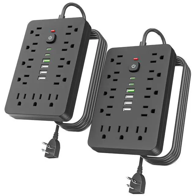 Alt view image 8 of 14 - 2PCS 6 FT Flat Plug Surge Protector Power Strip,11 Multiple AC Outlets with 6 USB Ports (2 USB C), 6 Feet Extension Cord, 1250W/10A, One Touch Switch Button, 17 in 1 Compact powerstrip