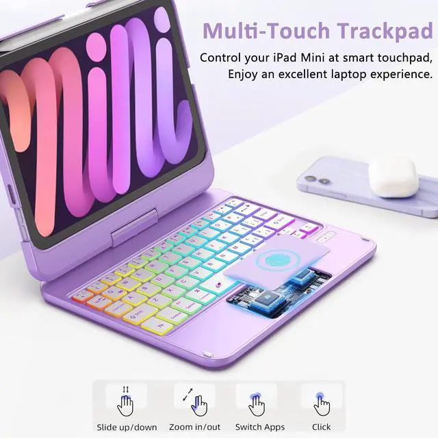 Alt view image 11 of 14 - Touchpad Keyboard Case for iPad mini 7 A17 Pro 2024 & Mini 6th Generation 2021 8.3 inch - 360° Swivel 7 Color Backlit Keyboard for iPad mini 7th 6th Generation with Pencil Holder, Purple