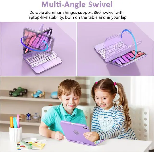Alt view image 12 of 14 - Touchpad Keyboard Case for iPad mini 7 A17 Pro 2024 & Mini 6th Generation 2021 8.3 inch - 360° Swivel 7 Color Backlit Keyboard for iPad mini 7th 6th Generation with Pencil Holder, Purple