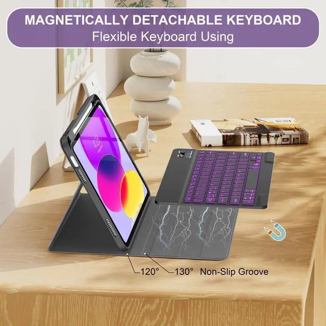 Alt view image 13 of 14 - for iPad (A16) 11th/10th Generation Case with Keyboard(2025/2022)-7 Color Backlight Wireless Detachable Folio Keyboard Cover with Built-in Pencil Holder for iPad 11/10.9 inch, Purple Marble