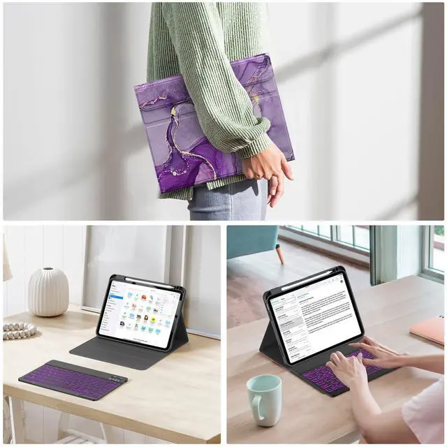 Alt view image 12 of 14 - for iPad (A16) 11th/10th Generation Case with Keyboard(2025/2022)-7 Color Backlight Wireless Detachable Folio Keyboard Cover with Built-in Pencil Holder for iPad 11/10.9 inch, Purple Marble