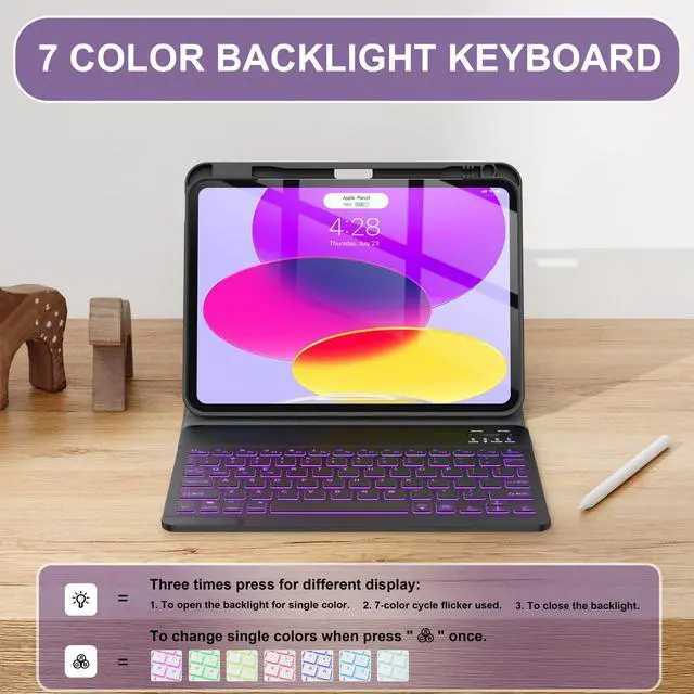 Alt view image 11 of 14 - for iPad (A16) 11th/10th Generation Case with Keyboard(2025/2022)-7 Color Backlight Wireless Detachable Folio Keyboard Cover with Built-in Pencil Holder for iPad 11/10.9 inch, Purple Marble