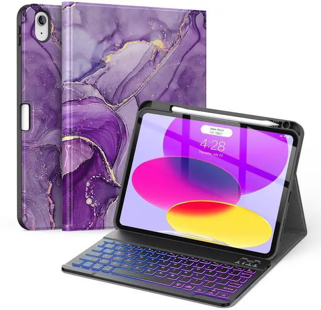 Alt view image 8 of 14 - for iPad (A16) 11th/10th Generation Case with Keyboard(2025/2022)-7 Color Backlight Wireless Detachable Folio Keyboard Cover with Built-in Pencil Holder for iPad 11/10.9 inch, Purple Marble