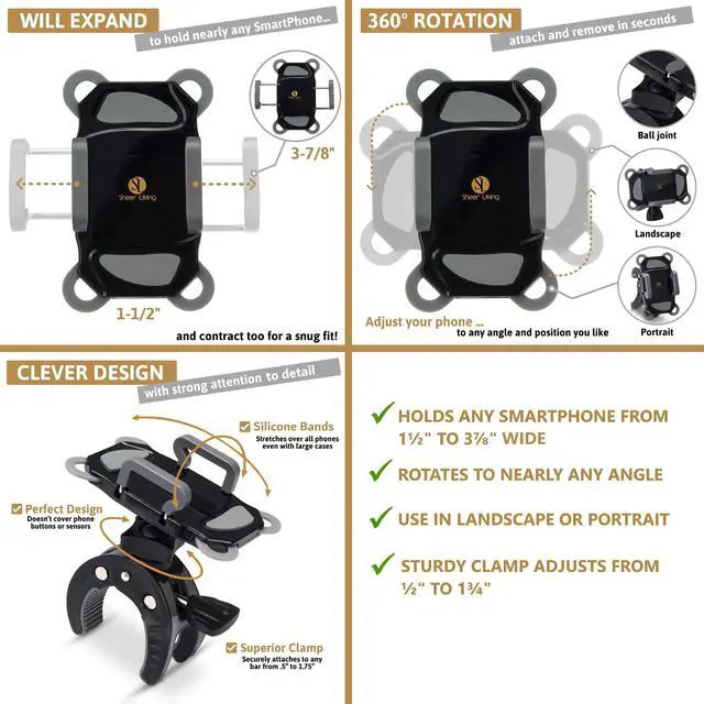 Alt view image 9 of 14 - Stroller Phone Holder, Shopping Cart, Golf Cart, Push Cart, Bike Phone Mount, for Motorcycle, Scooter, ATV, Boat, Spin Bike, Treadmill, Handlebar- Universal- iPhone, Cell Phone Clamp (Grey)