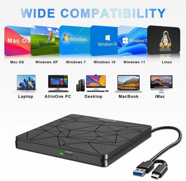 Alt view image 10 of 14 - External DVD Drive USB 3.0 USB-C CD Burner CD/DVD Player Optical Drive, Portable CD DVD Disc Copier for Laptops and PC Compatible with Windows 7/8/10/11, Linux, and Mac OS