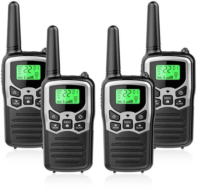 Alt view image 7 of 12 - Walkie Talkies with 22 FRS Channels, Walkie Talkies for Adults with LED Flashlight VOX Scan LCD Display, Long Range Family, Radios for Hiking Camping Trip (Silver, 4 Pack)