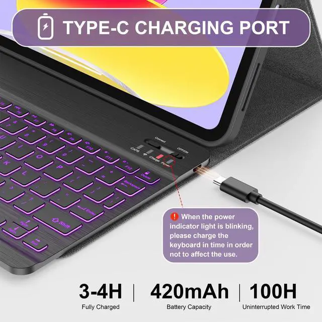 Alt view image 14 of 14 - for iPad (A16) 11th/10th Generation Case with Keyboard(2025/2022)-7 Color Backlight Wireless Detachable Folio Keyboard Cover with Built-in Pencil Holder for iPad 11/10.9 inch, Purple Marble