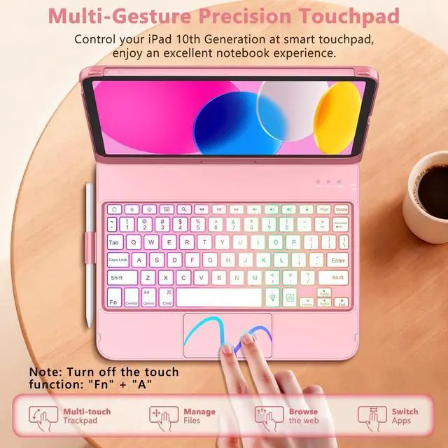 Alt view image 10 of 14 - Touch Keyboard Case for iPad (A16) 11th Generation 11 inch 2025&10th Gen 10.9 inch 2022, 360° Rotate for iPad 10th Generation Case with Keyboard, Backlit Keyboard Case with Pencil Holder, Pink
