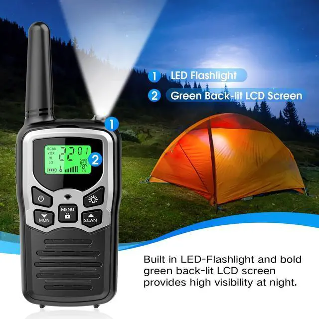 Alt view image 10 of 12 - Walkie Talkies with 22 FRS Channels, Walkie Talkies for Adults with LED Flashlight VOX Scan LCD Display, Long Range Family, Radios for Hiking Camping Trip (Silver, 4 Pack)