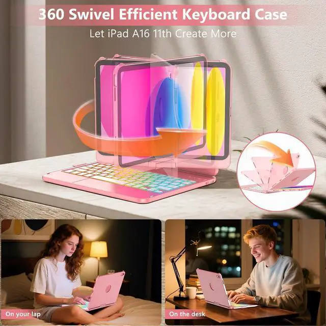 Alt view image 11 of 14 - Touch Keyboard Case for iPad (A16) 11th Generation 11 inch 2025&10th Gen 10.9 inch 2022, 360° Rotate for iPad 10th Generation Case with Keyboard, Backlit Keyboard Case with Pencil Holder, Pink