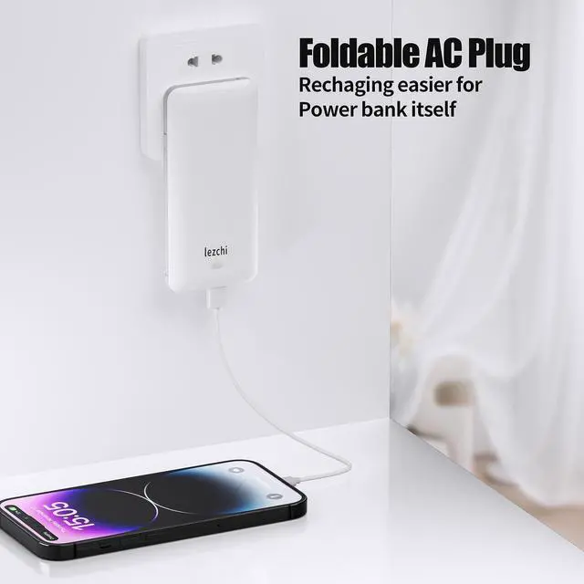 Alt view image 10 of 12 - Portable Power Bank, Ultra Slim 10000mAh Portable Charger, USB C External Battery Pack with Built-in AC Plug, Charging Cable, Output Port, Compatible with All Kinds of Cellphones