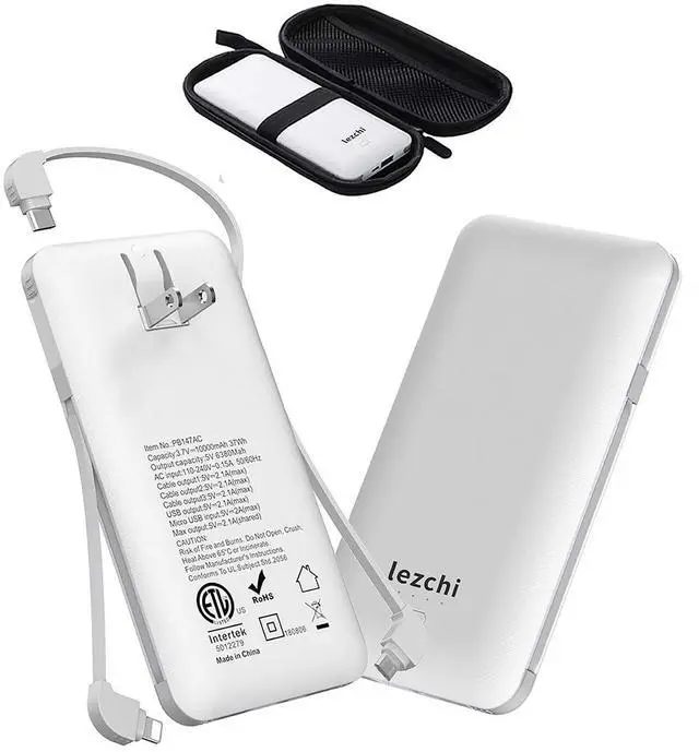 Alt view image 7 of 12 - Portable Power Bank, Ultra Slim 10000mAh Portable Charger, USB C External Battery Pack with Built-in AC Plug, Charging Cable, Output Port, Compatible with All Kinds of Cellphones
