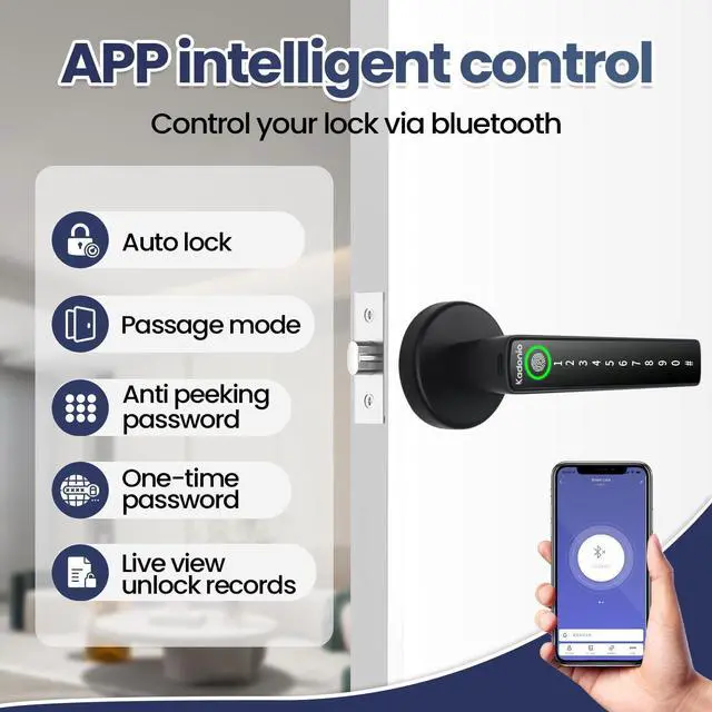 Alt view image 10 of 14 - Fingerprint Door Lock, Electronic Keyless Entry Door Lock with Handle, Smart Door Knob with APP, Code, Fingerprint Biometric, Backup Key for Bedroom, Home, Hotel, Office, Apartment (Black)